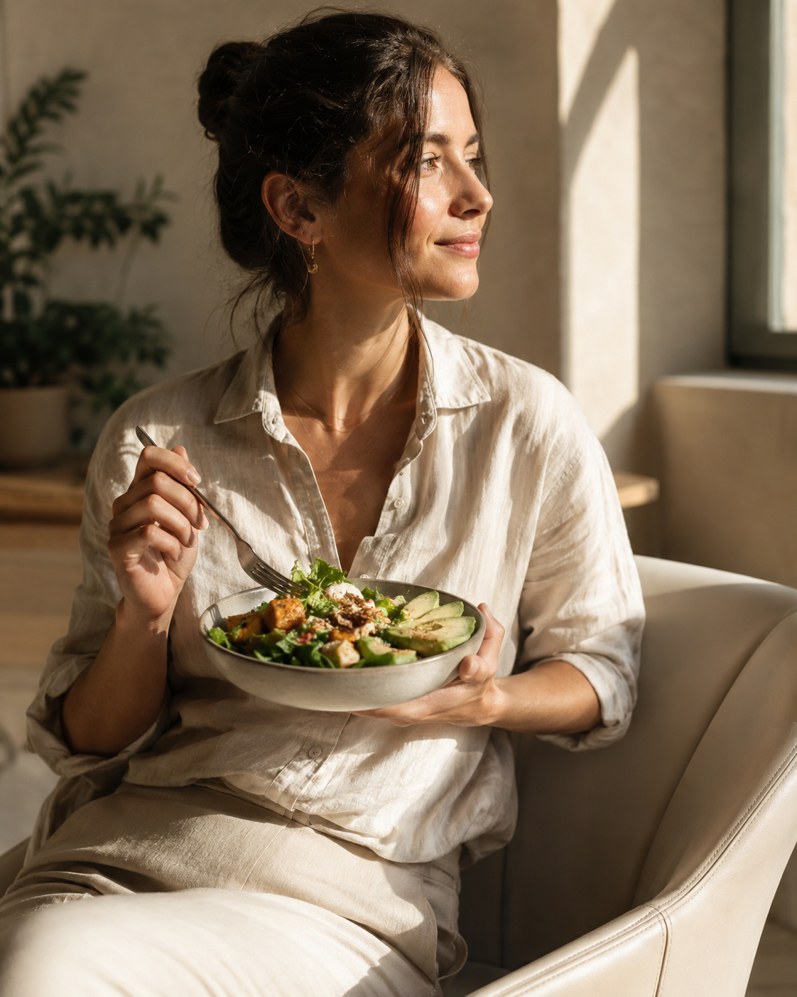 Woman enjoying a fresh, healthy bowl at home in natural light